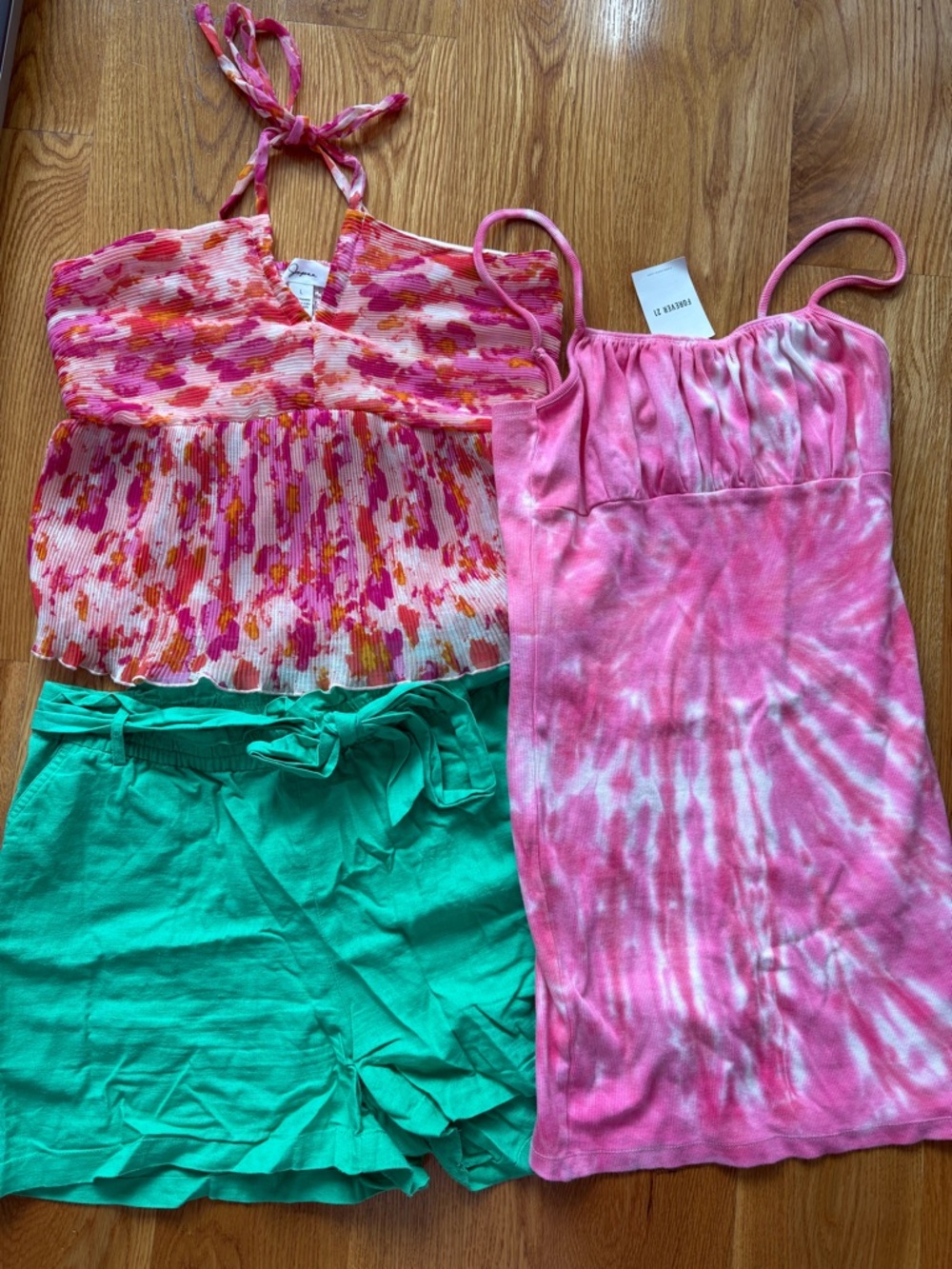 Colorful Summer Set Tie-Dye Dress, Pink Halter Top, J.Crew Linen Shorts (Size L)